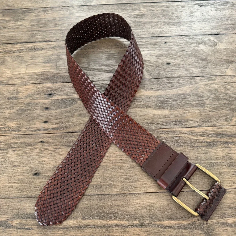 Womens Brown‎ Braided Wide Waist Belt Bonded Leather Antique Gold Buckle Large